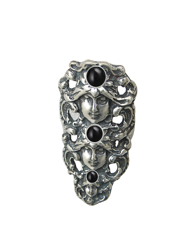 Sterling Silver Triple Goddess Ring With Black Onyx Size 8